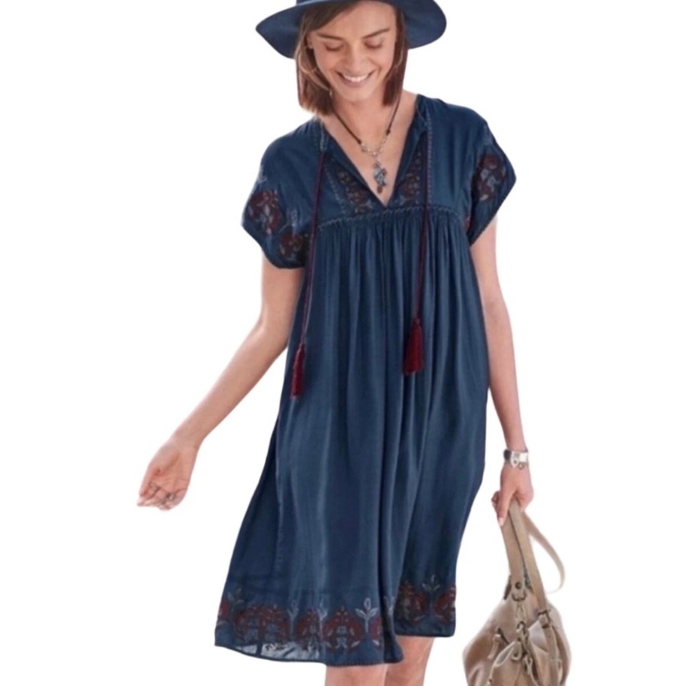 Sundance Blue Embroidered Floral TieTassel Neck Contrast Stitching Boho Dress XS